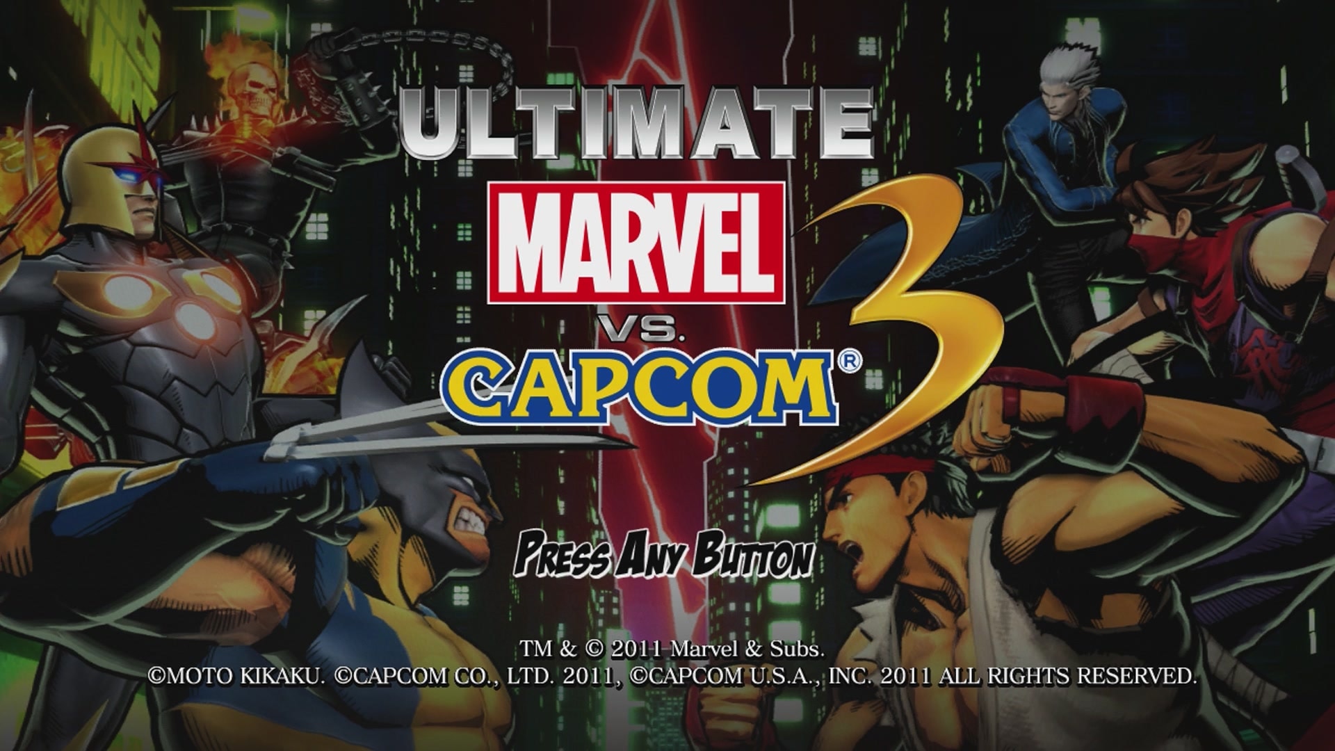 Ultimate Marvel vs. Capcom 3 title screen for Xbox 360